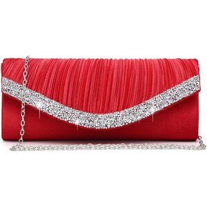 Women's Rhinestones Satin Formal Wedding Party Prom Dressy Red Clutches Bag